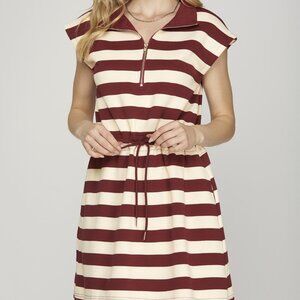 SHE + SKY MAROON & WHITE STRIPED GAME DAY ZIPPER DRESS